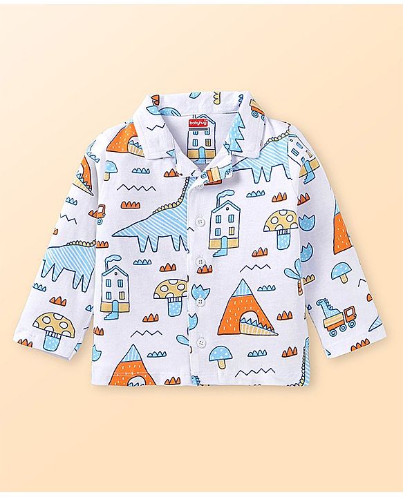 Babyhug Cotton Woven Full Sleeves Night Suit with Dino Print - White