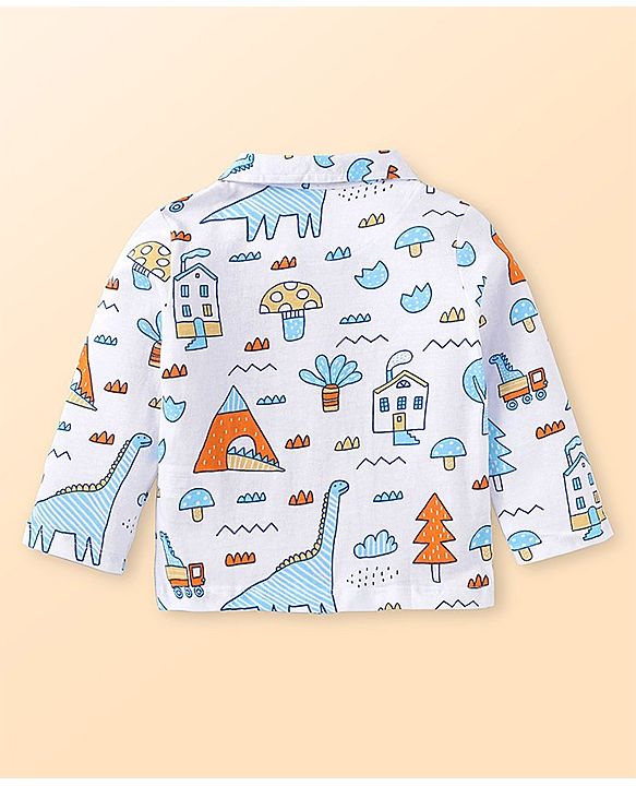 Babyhug Cotton Woven Full Sleeves Night Suit with Dino Print - White