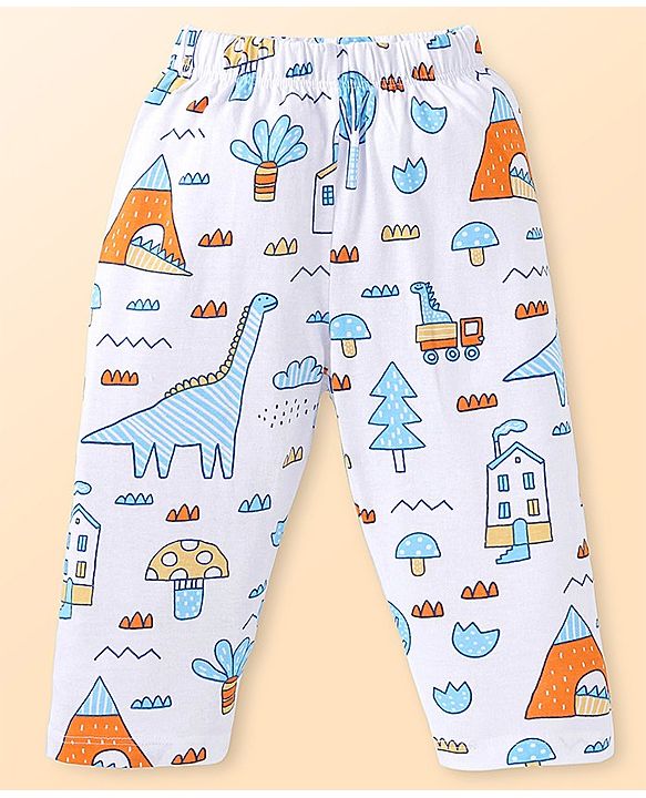 Babyhug Cotton Woven Full Sleeves Night Suit with Dino Print - White