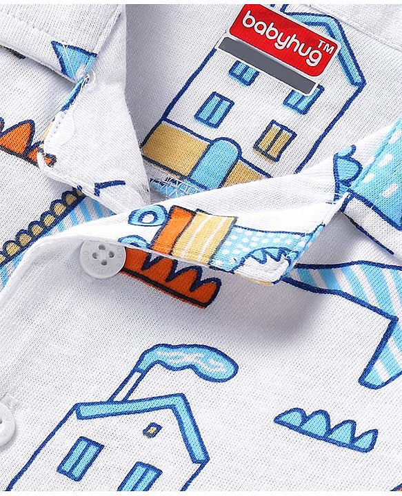 Babyhug Cotton Woven Full Sleeves Night Suit with Dino Print - White