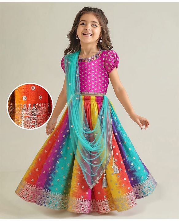 Babyhug Short Sleeves Floral Embroidered Pattu Pavada Lehenga Choli Set With Dupatta - Pink Orange & Yellow