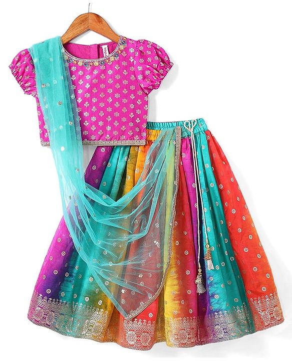 Babyhug Short Sleeves Floral Embroidered Pattu Pavada Lehenga Choli Set With Dupatta - Pink Orange & Yellow