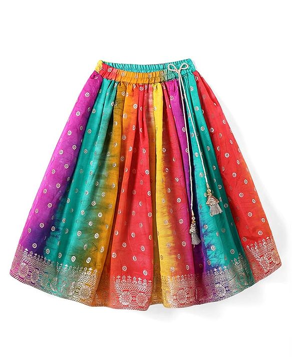 Babyhug Short Sleeves Floral Embroidered Pattu Pavada Lehenga Choli Set With Dupatta - Pink Orange & Yellow