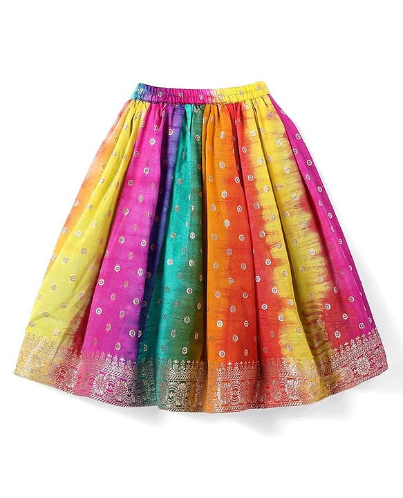 Babyhug Short Sleeves Floral Embroidered Pattu Pavada Lehenga Choli Set With Dupatta - Pink Orange & Yellow