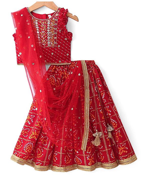 Babyhug Woven Sleeveless Bandhani Print & Mirror Embroidered Choli Lehenga Set with Dupatta & Lace Detailing - Red