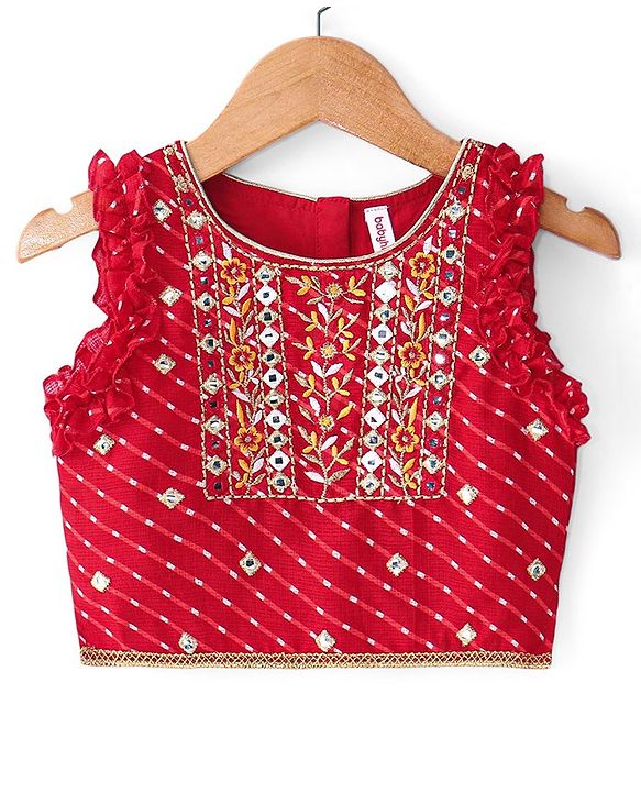 Babyhug Woven Sleeveless Bandhani Print & Mirror Embroidered Choli Lehenga Set with Dupatta & Lace Detailing - Red