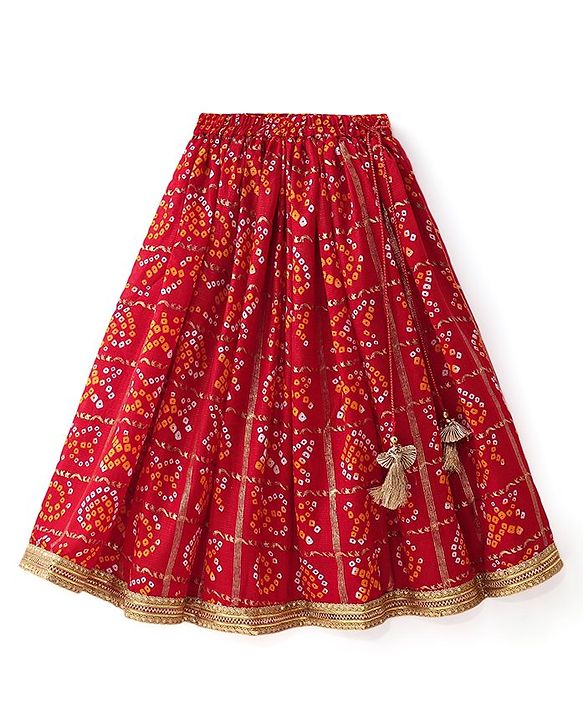 Babyhug Woven Sleeveless Bandhani Print & Mirror Embroidered Choli Lehenga Set with Dupatta & Lace Detailing - Red