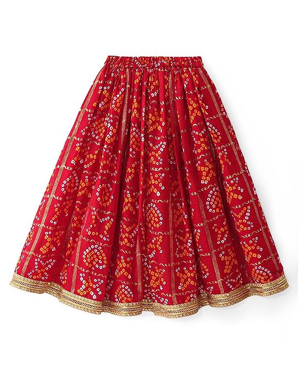 Babyhug Woven Sleeveless Bandhani Print & Mirror Embroidered Choli Lehenga Set with Dupatta & Lace Detailing - Red