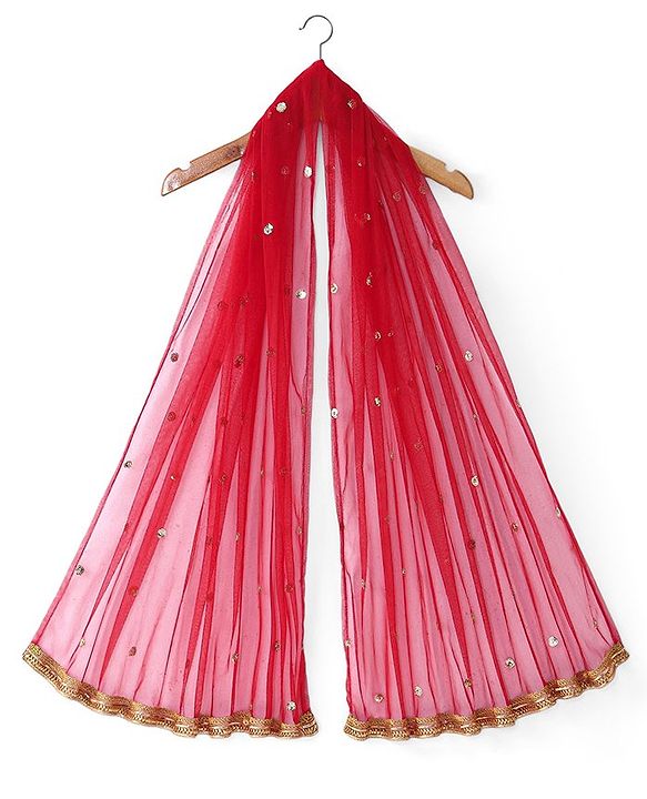 Babyhug Woven Sleeveless Bandhani Print & Mirror Embroidered Choli Lehenga Set with Dupatta & Lace Detailing - Red