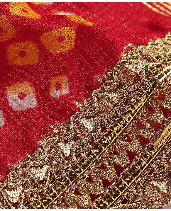 Babyhug Woven Sleeveless Bandhani Print & Mirror Embroidered Choli Lehenga Set with Dupatta & Lace Detailing - Red