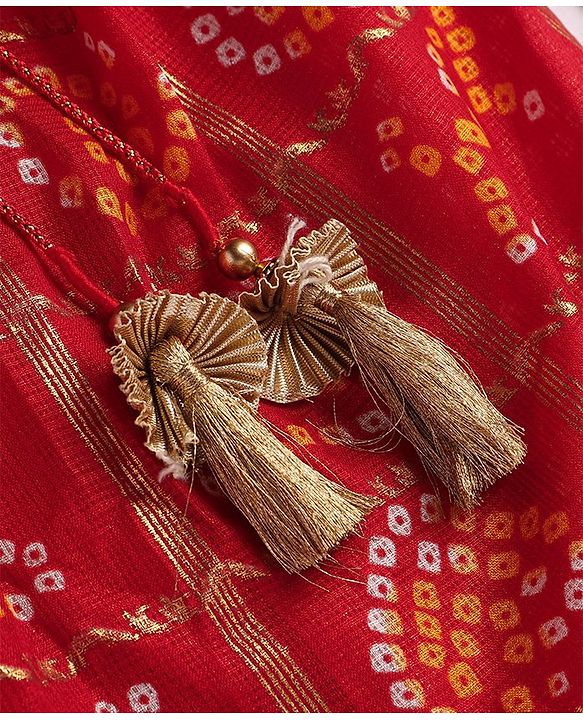 Babyhug Woven Sleeveless Bandhani Print & Mirror Embroidered Choli Lehenga Set with Dupatta & Lace Detailing - Red