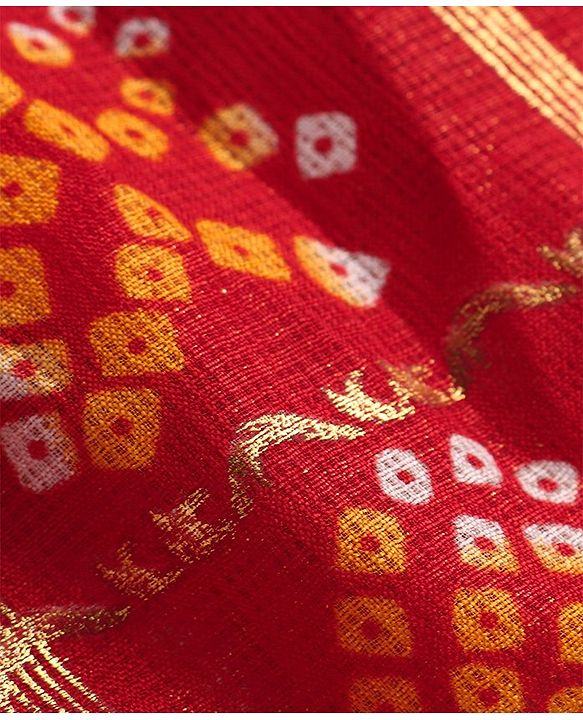 Babyhug Woven Sleeveless Bandhani Print & Mirror Embroidered Choli Lehenga Set with Dupatta & Lace Detailing - Red