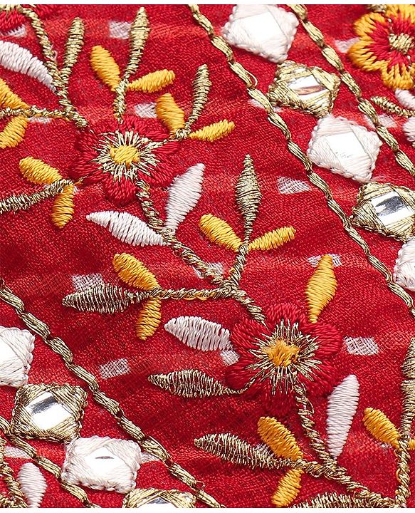 Babyhug Woven Sleeveless Bandhani Print & Mirror Embroidered Choli Lehenga Set with Dupatta & Lace Detailing - Red