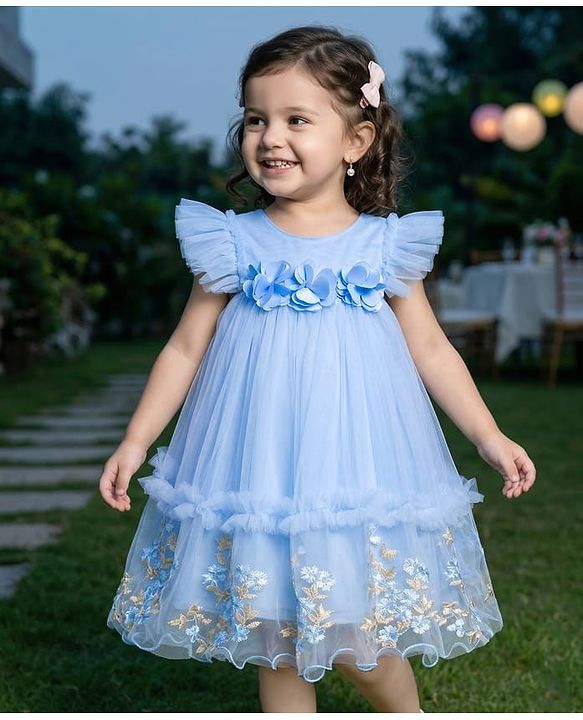 Babyhug Woven Sleeveless Fit and Flare Party Frock with Corsage Applique & Floral Embroidery Detailing - Light Blue