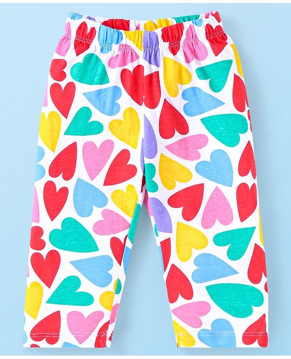 Babyhug Cotton Knit Full Sleeves Peter Pan Collared Front Open Night Suit With Hearts Print - White