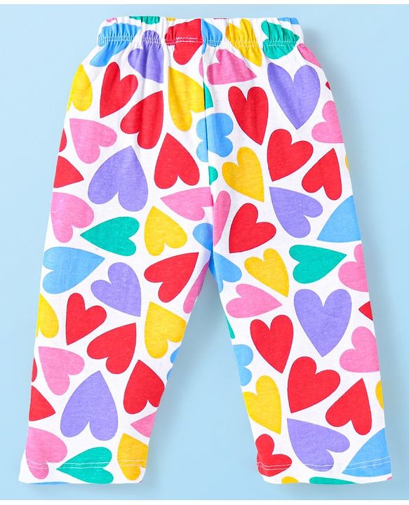 Babyhug Cotton Knit Full Sleeves Peter Pan Collared Front Open Night Suit With Hearts Print - White