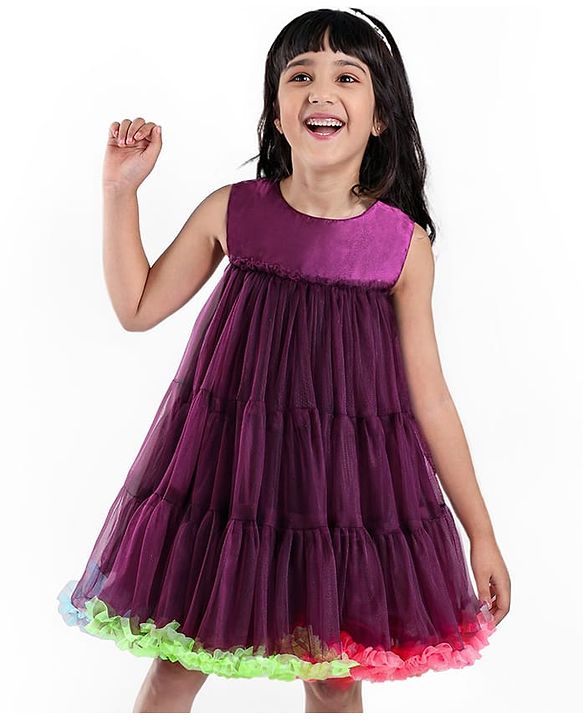 Babyhug Sleeveless Solid Colour A Line Tiered Mesh Party Frock with Frill Detailing - Wine
