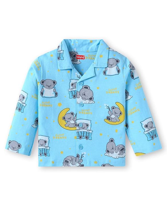 Babyhug Cotton Knit Full Sleeves Front open Night Suit With Koala Print - Light Blue