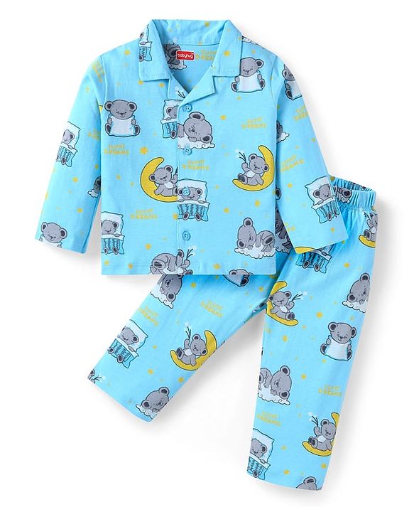 Babyhug Cotton Knit Full Sleeves Front open Night Suit With Koala Print - Light Blue