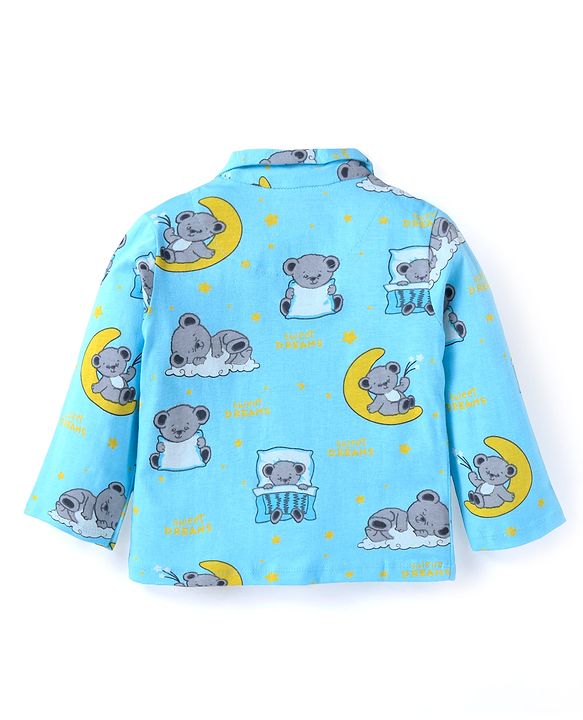 Babyhug Cotton Knit Full Sleeves Front open Night Suit With Koala Print - Light Blue