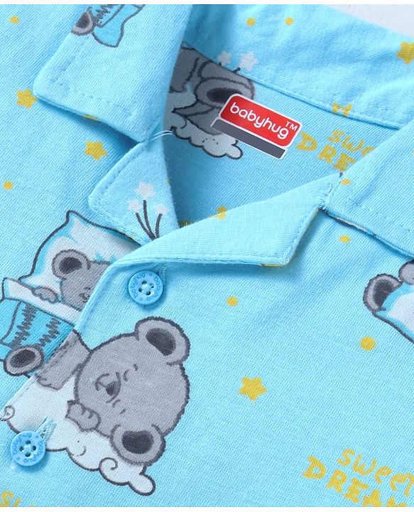 Babyhug Cotton Knit Full Sleeves Front open Night Suit With Koala Print - Light Blue