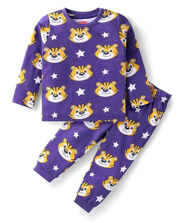 Babyhug Cotton Knit Full Sleeves Night Suit With Tiger Print - Purple