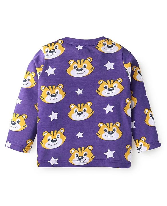 Babyhug Cotton Knit Full Sleeves Night Suit With Tiger Print - Purple