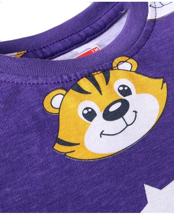 Babyhug Cotton Knit Full Sleeves Night Suit With Tiger Print - Purple