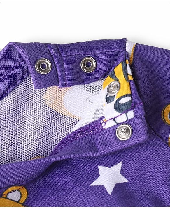 Babyhug Cotton Knit Full Sleeves Night Suit With Tiger Print - Purple