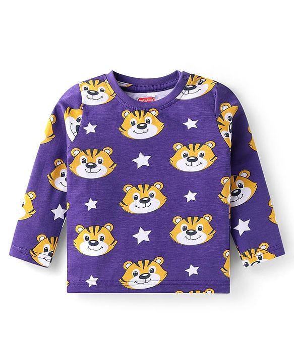 Babyhug Cotton Knit Full Sleeves Night Suit With Tiger Print - Purple