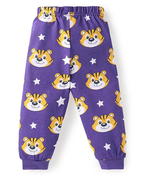Babyhug Cotton Knit Full Sleeves Night Suit With Tiger Print - Purple