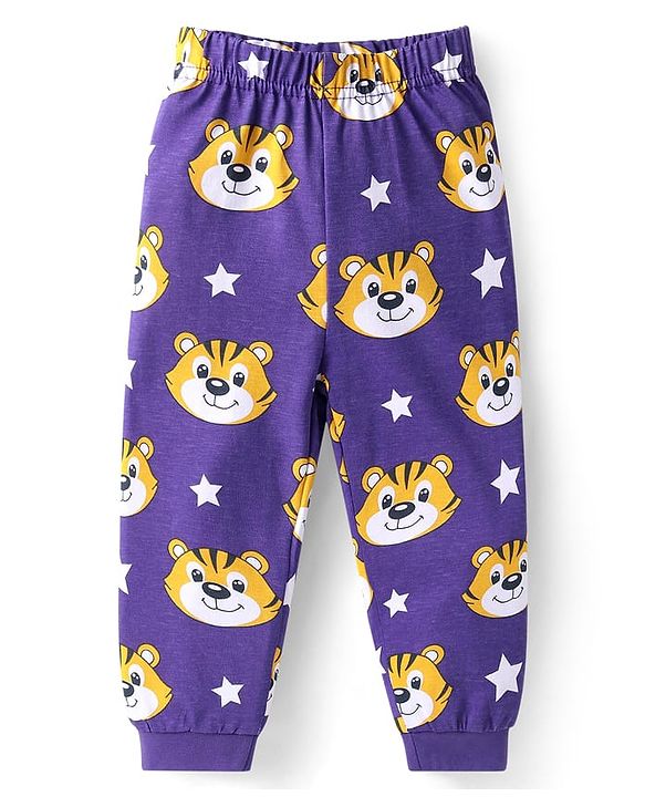 Babyhug Cotton Knit Full Sleeves Night Suit With Tiger Print - Purple
