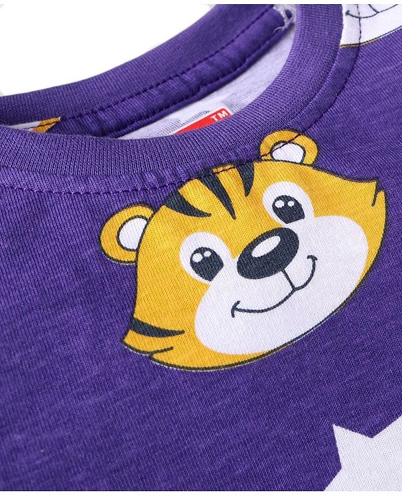 Babyhug Cotton Knit Full Sleeves Night Suit With Tiger Print - Purple