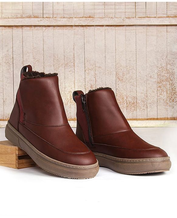 Pine Kids Slip On Winter Boots With Zipper Closure - Brown