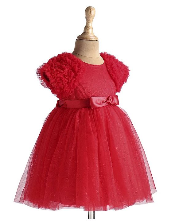 Babyhug Woven Half Ruffle At Sleeves Shimmered Fit & Flared Party Frock with Bow Applique - Red