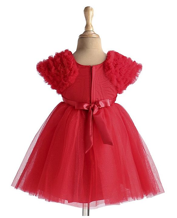 Babyhug Woven Half Ruffle At Sleeves Shimmered Fit & Flared Party Frock with Bow Applique - Red