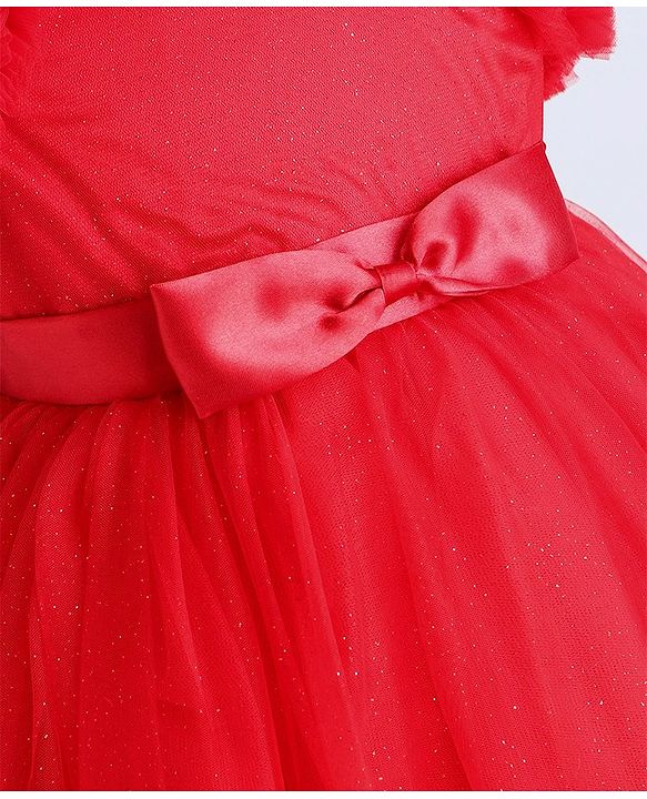 Babyhug Woven Half Ruffle At Sleeves Shimmered Fit & Flared Party Frock with Bow Applique - Red