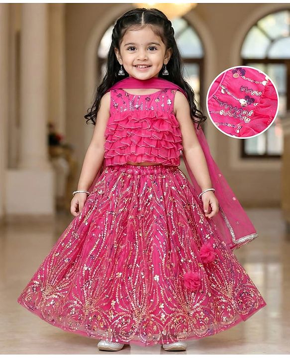 Babyhug Woven Sleeveless Sequin Embroidered Choli Lehenga Set with Dupatta & Frill Detailing - Fuschia