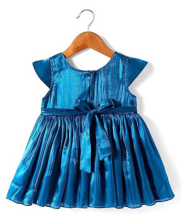 Babyhug Woven Cap Sleeves Fit & Flared Solid Colour Party Dress with Bow Applique - Navy Blue