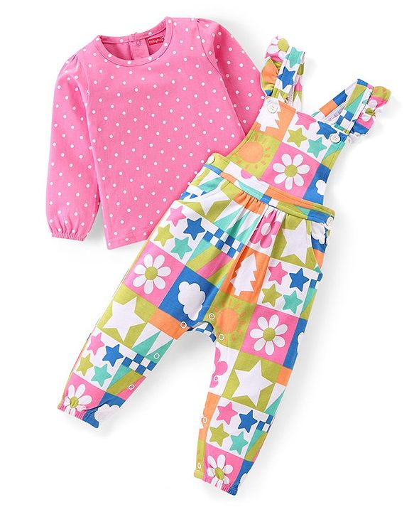 Babyhug Single Jersey Knit Dungaree & Full Sleeves T-Shirt Set Polka Dots Print - Pink