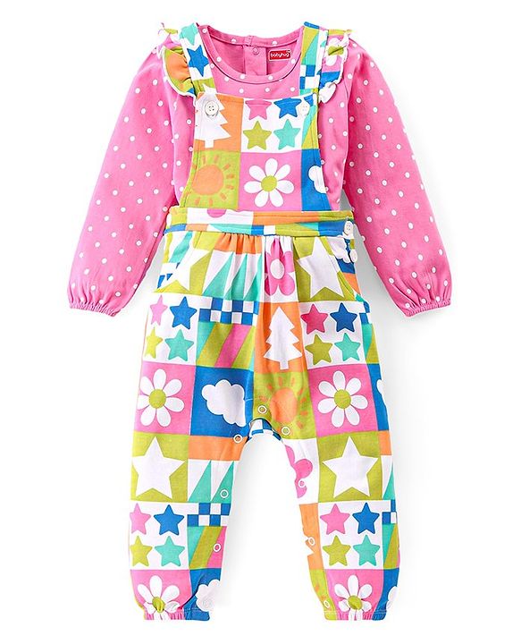 Babyhug Single Jersey Knit Dungaree & Full Sleeves T-Shirt Set Polka Dots Print - Pink