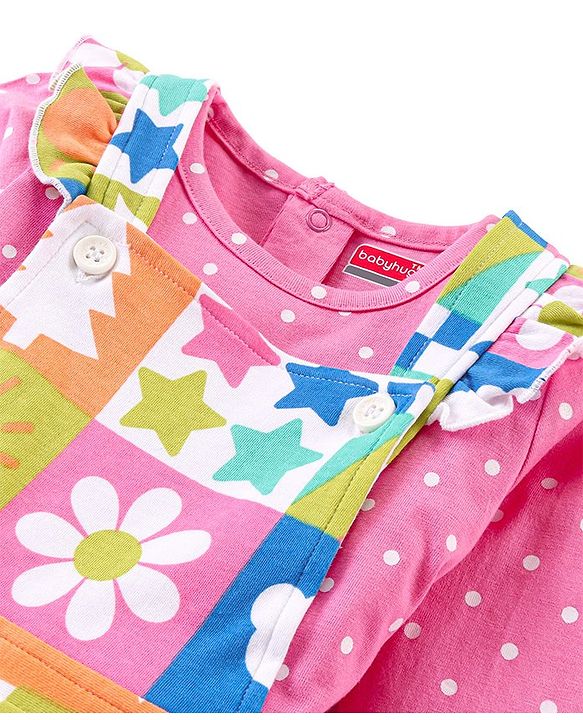 Babyhug Single Jersey Knit Dungaree & Full Sleeves T-Shirt Set Polka Dots Print - Pink