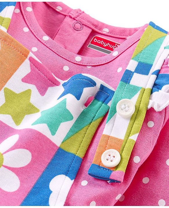 Babyhug Single Jersey Knit Dungaree & Full Sleeves T-Shirt Set Polka Dots Print - Pink