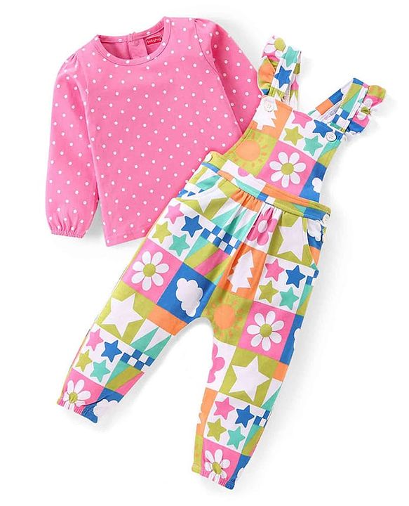 Babyhug Single Jersey Knit Dungaree & Full Sleeves T-Shirt Set Polka Dots Print - Pink