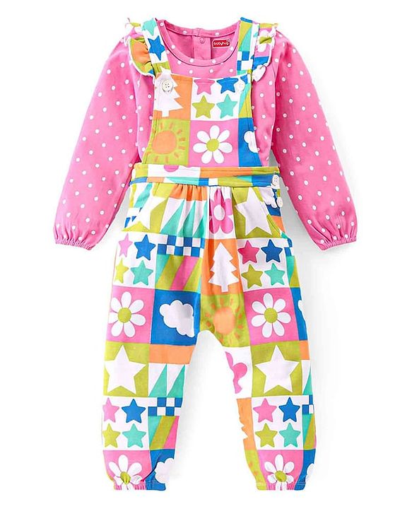 Babyhug Single Jersey Knit Dungaree & Full Sleeves T-Shirt Set Polka Dots Print - Pink