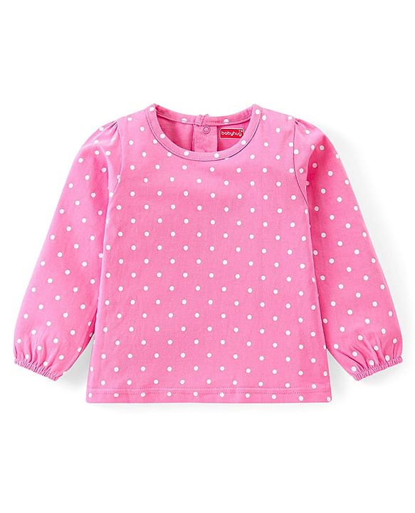 Babyhug Single Jersey Knit Dungaree & Full Sleeves T-Shirt Set Polka Dots Print - Pink