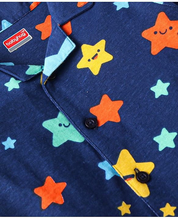 Babyhug Cotton Knit Full Sleeves Star Printed Night Suit - Navy Blue