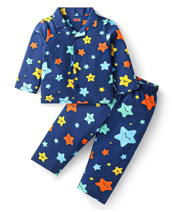 Babyhug Cotton Knit Full Sleeves Star Printed Night Suit - Navy Blue