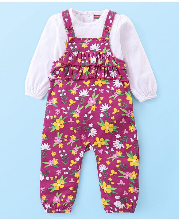 Babyhug Cotton Knit Full Sleeves Solid Colour Top with Floral Printed Dungaree - Mauve & White
