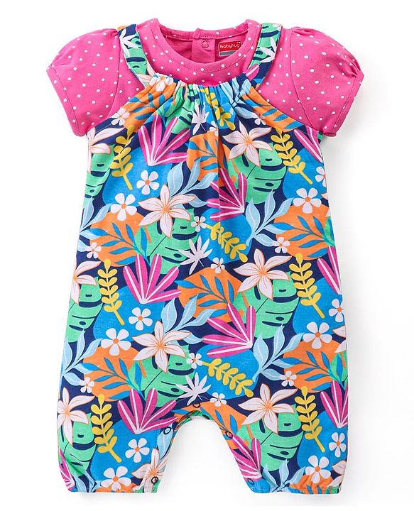 Babyhug Single Jersey Knit Puffed Sleeves Top & Dungaree Set Floral Print - Pink & Green